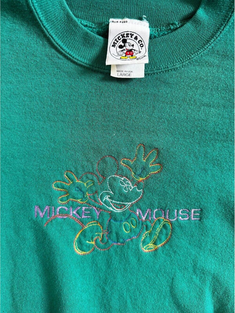 Vintage 90s Mickey Mouse Embroidered Green Sweatshirt Large